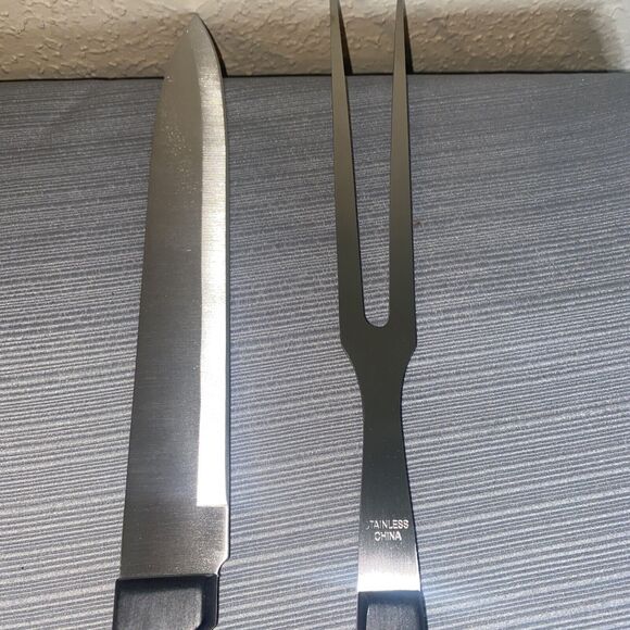 New 13” Carving Fork and Knife Stainless Steel Set with Black Handles - Picture 3 of 8